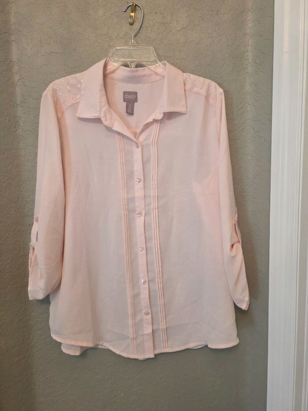 Chico's Pink Lightweight Semi- Sheer Sequin Accent Blouse L EUC